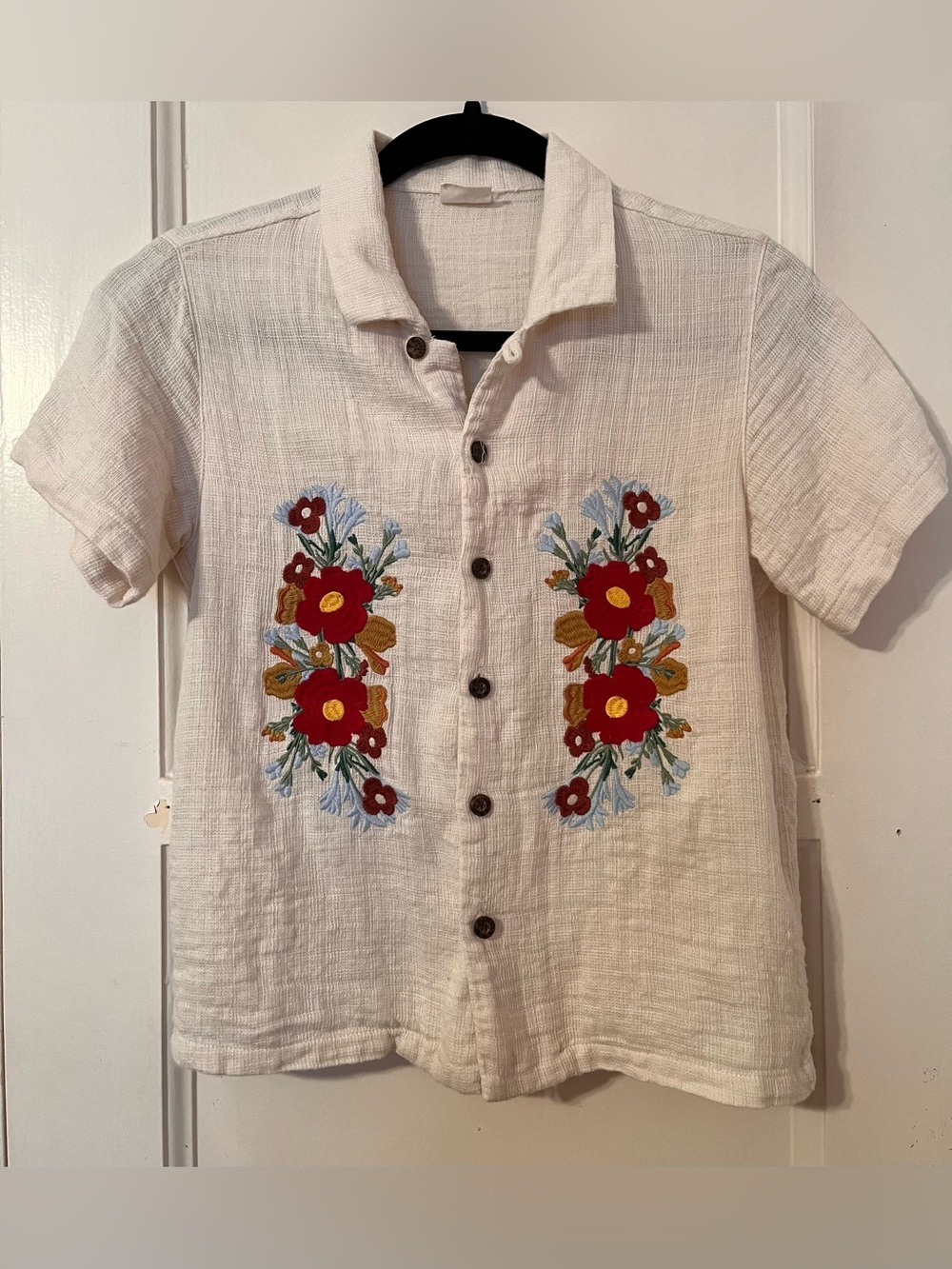 PacSun Kids Floral Embroidered Button-Down Short Sleeve  Off-White Girls L 10